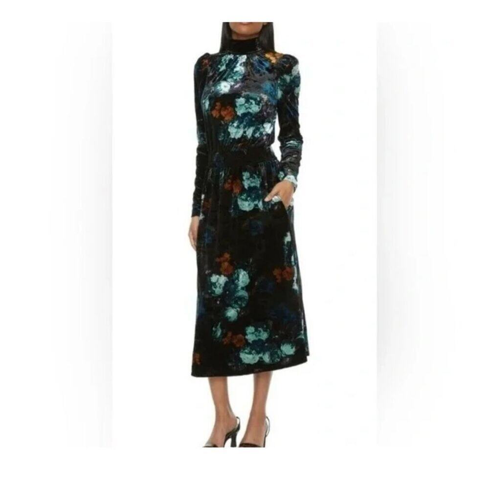 Ryegrass Black Floral Velvet Midi Dress Size Small EUC